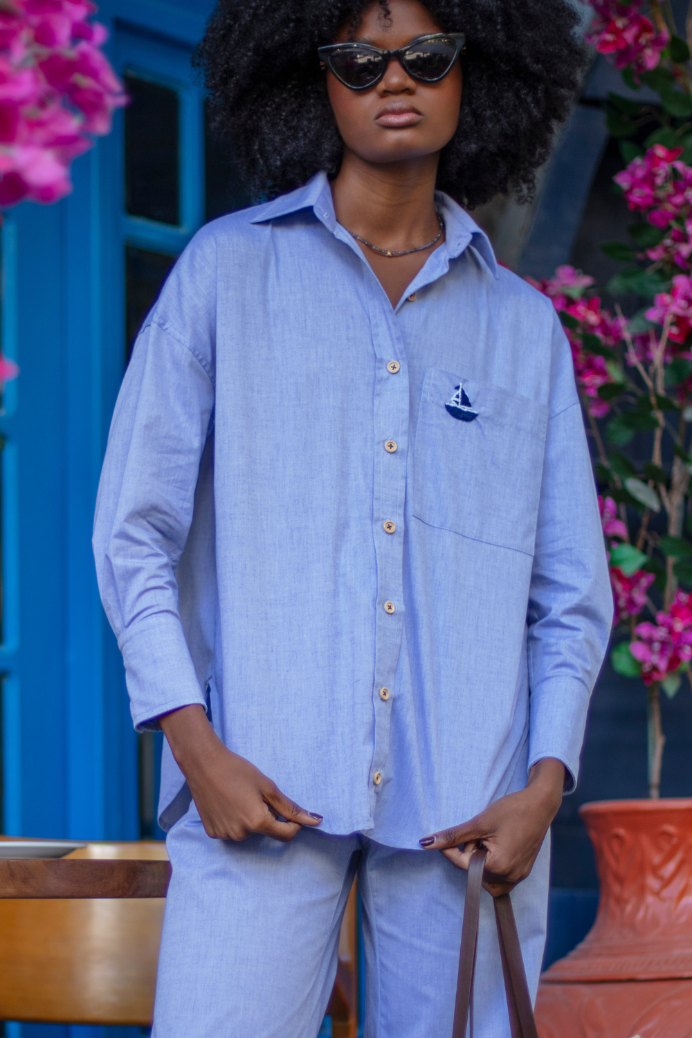 Camisa Oversized de Algodão Bordada Barco