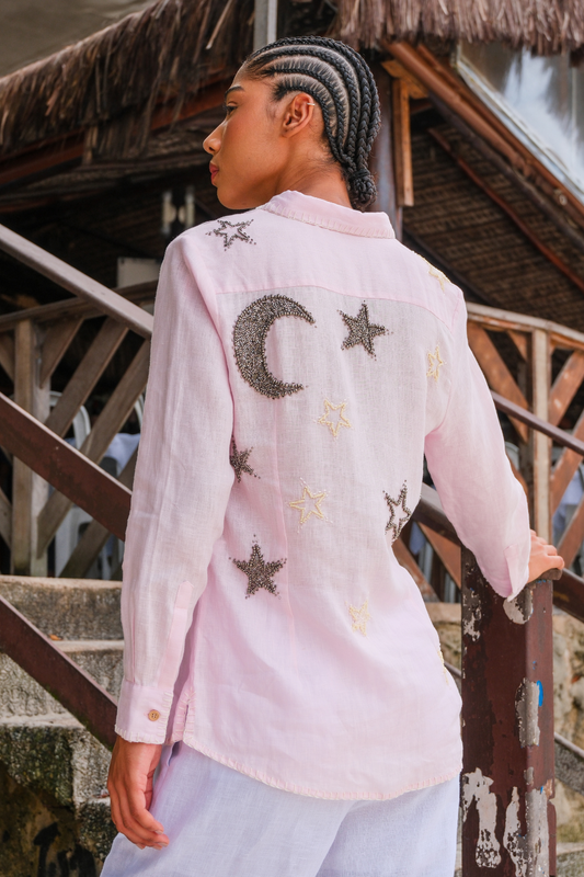 Camisa de Linho Bordada Constelação Rosa