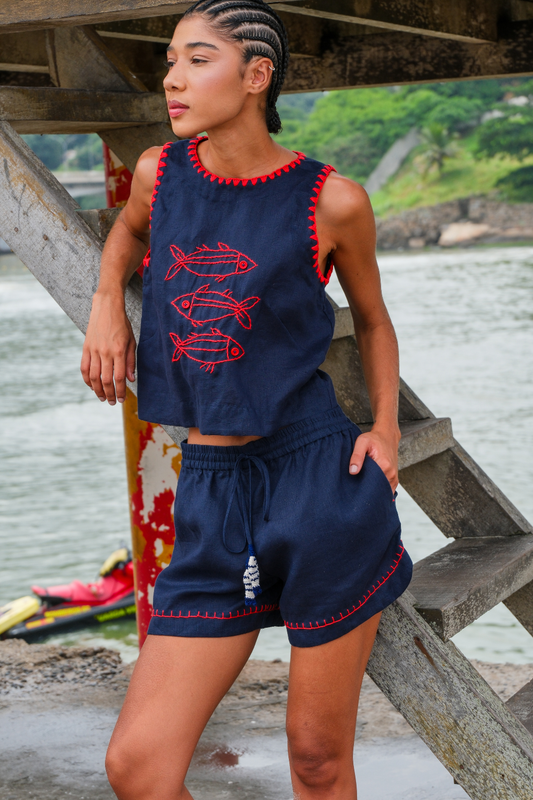 Short de Linho Bordado Oceano Marinho