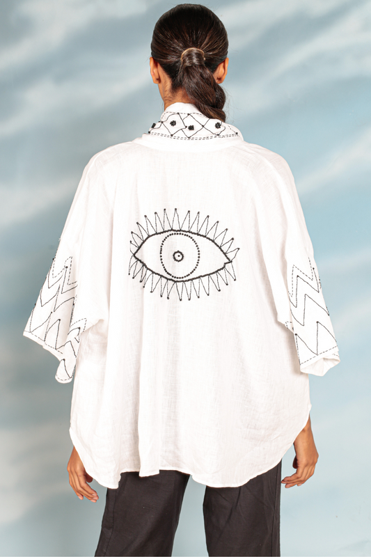 Kimono de Linho Bordado Olho Grego Branco