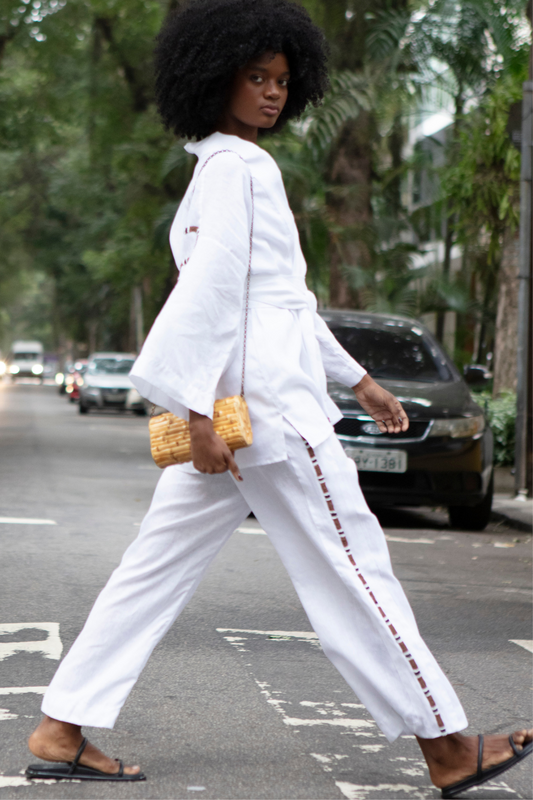 Calça de Linho Bordada Snake White